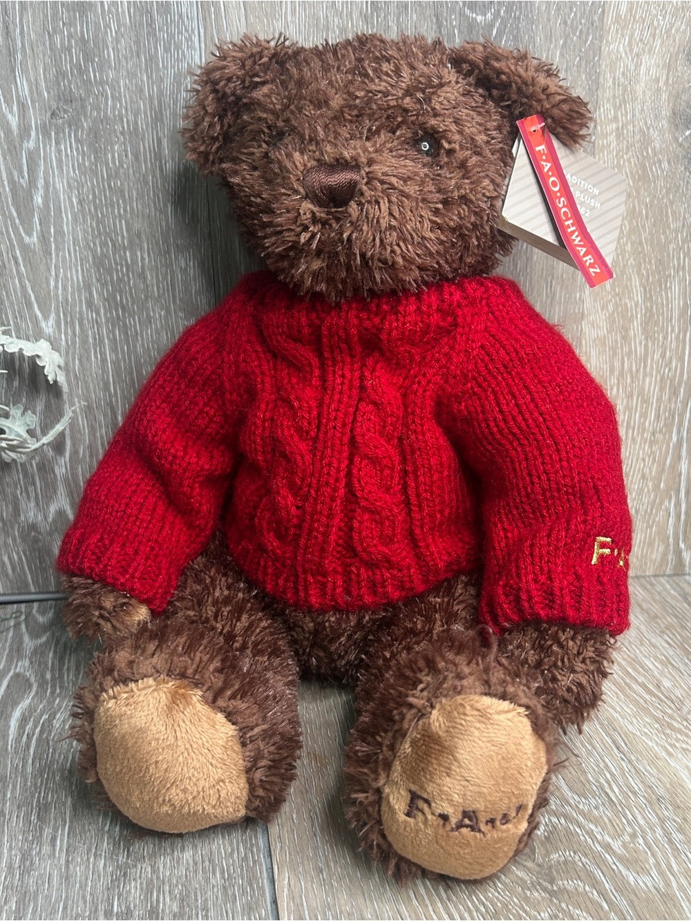 NWT FAO Schwarz Brown Plush Teddy Bear with Red Cable Knit Sweater Classic Toy
